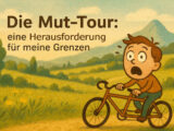 Ein schockierter Mensch fährt auf einem Fahrrad durch das Land